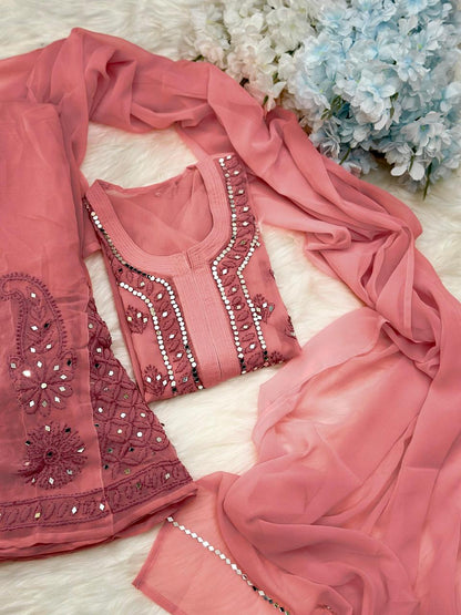Peach Lucknow Chikankari Mirror Sharara Kurti Set Elegant 4 Piece Outfit Inner Included
