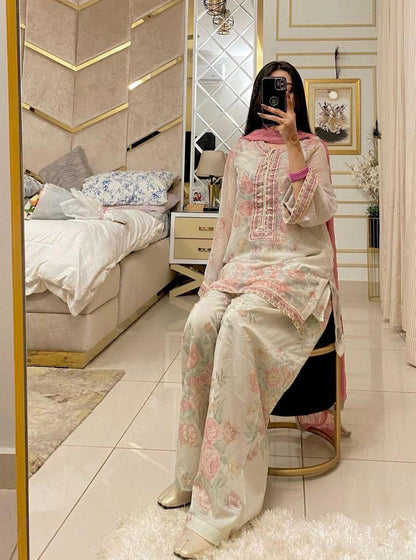 Beige Elegant Farshi Salwar Set Designer Party Wear Pur Chiffon Georgette Top & Farshi Palazzo ,Dupatta