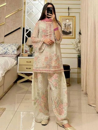 Beige Elegant Farshi Salwar Set Designer Party Wear Pur Chiffon Georgette Top & Farshi Palazzo ,Dupatta