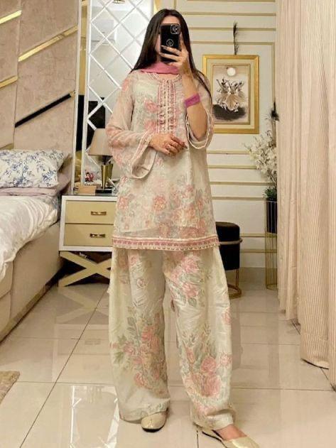 Beige Elegant Farshi Salwar Set Designer Party Wear Pur Chiffon Georgette Top & Farshi Palazzo ,Dupatta