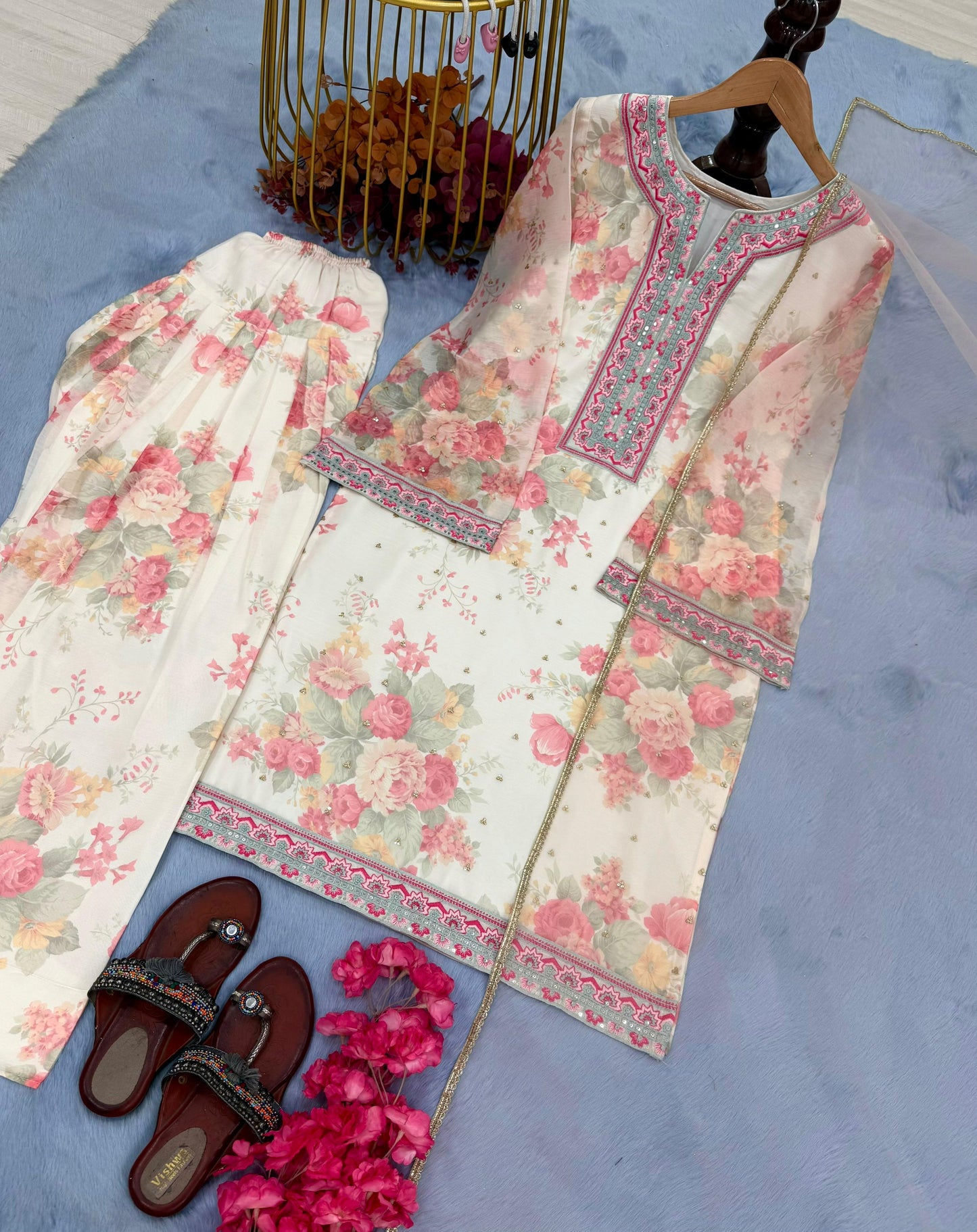 Beige Elegant Farshi Salwar Set Designer Party Wear Pur Chiffon Georgette Top & Farshi Palazzo ,Dupatta