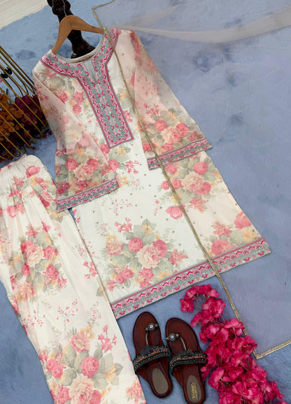 Beige Elegant Farshi Salwar Set Designer Party Wear Pur Chiffon Georgette Top & Farshi Palazzo ,Dupatta