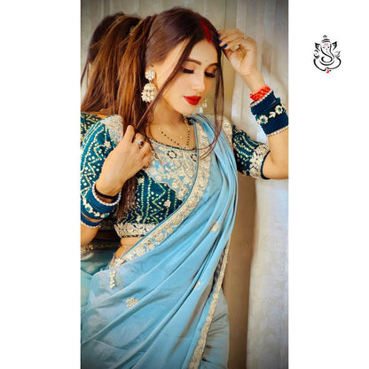 3 Colors Designer Chinon Saree with Embroidery & Stitched Bandhej Blouse Festive Wear 2025