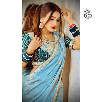 3 Colors Designer Chinon Saree with Embroidery & Stitched Bandhej Blouse Festive Wear 2025