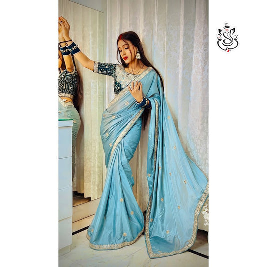 3 Colors Designer Chinon Saree with Embroidery & Stitched Bandhej Blouse Festive Wear 2025