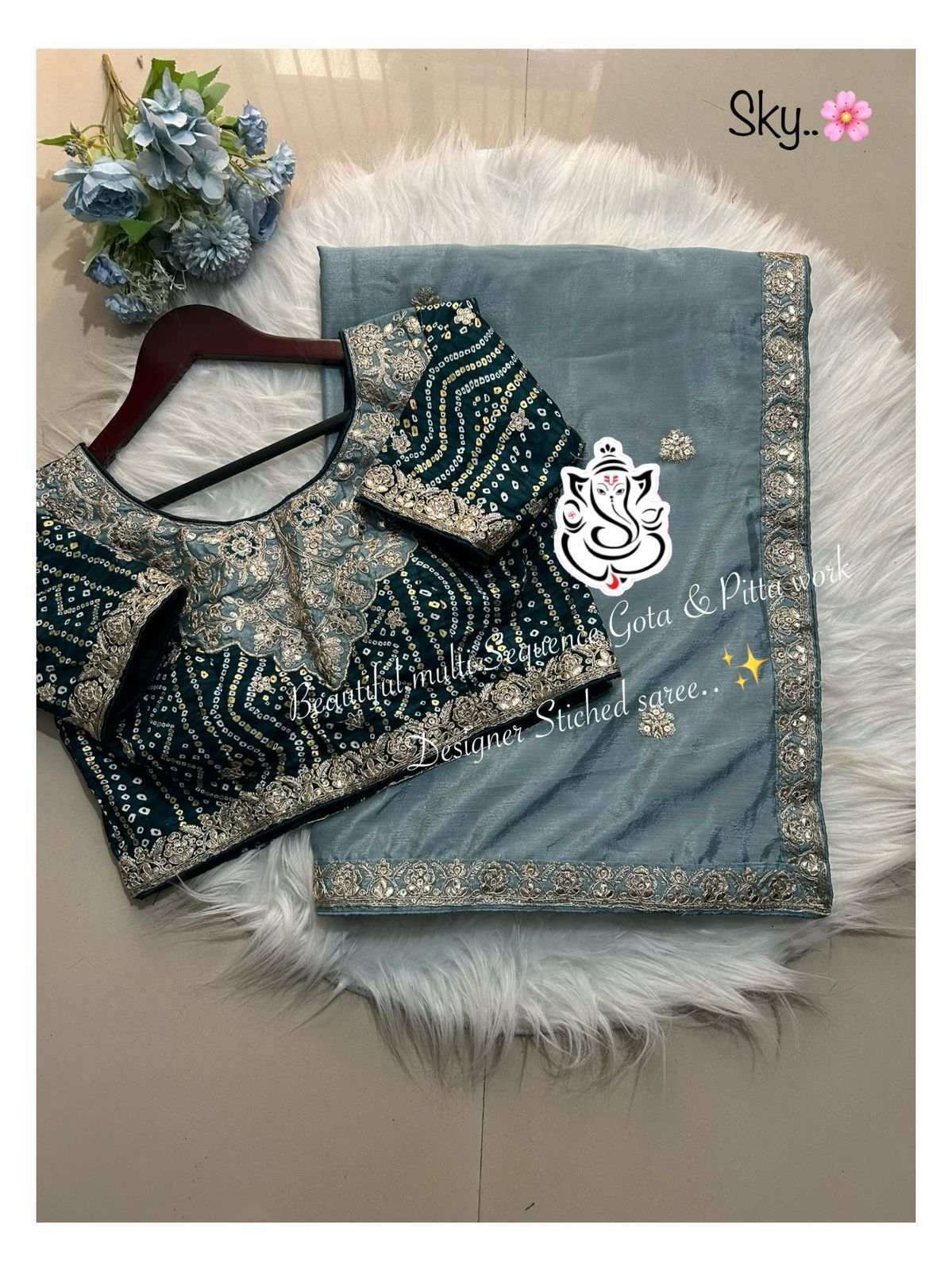 3 Colors Designer Chinon Saree with Embroidery & Stitched Bandhej Blouse Festive Wear 2025