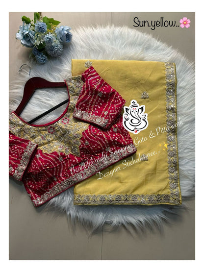 3 Colors Designer Chinon Saree with Embroidery & Stitched Bandhej Blouse Festive Wear 2025