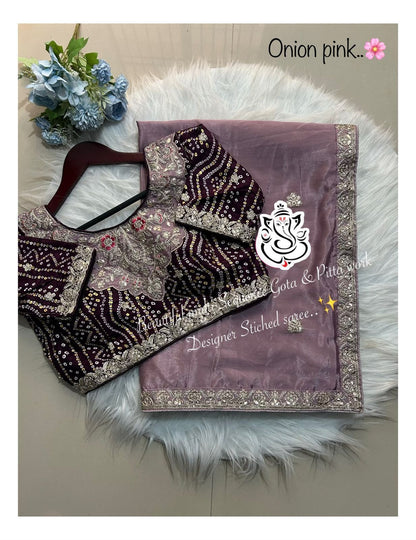 3 Colors Designer Chinon Saree with Embroidery & Stitched Bandhej Blouse Festive Wear 2025