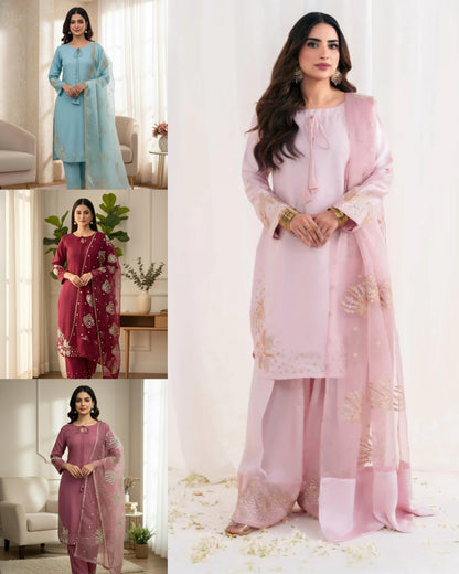 Light Pink Designer Natural Crepe Silk Sequin Embroidered Suit Set with Organza Dupatta