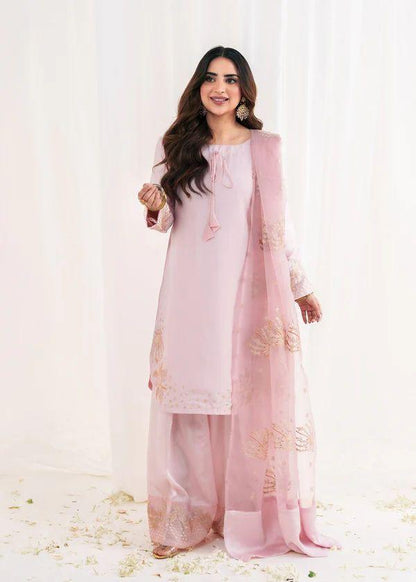 Light Pink Designer Natural Crepe Silk Sequin Embroidered Suit Set with Organza Dupatta