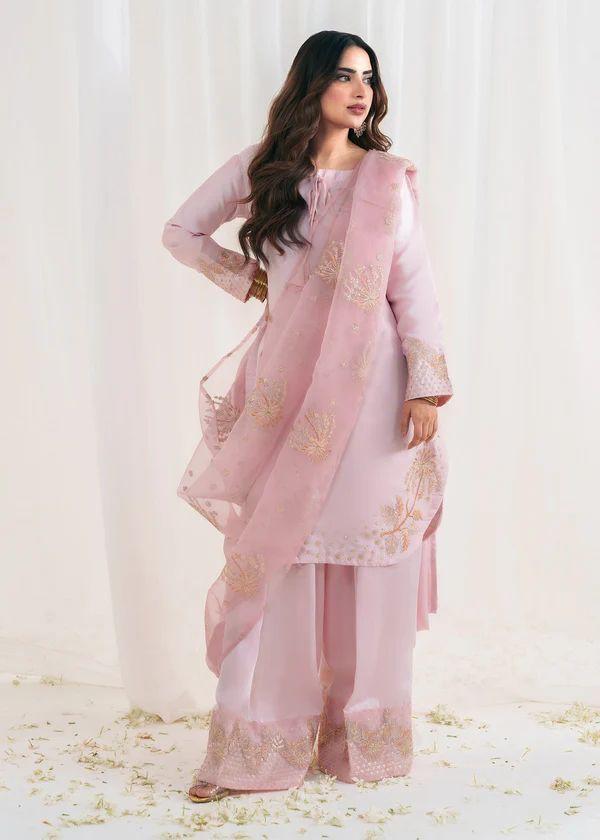 Light Pink Designer Natural Crepe Silk Sequin Embroidered Suit Set with Organza Dupatta