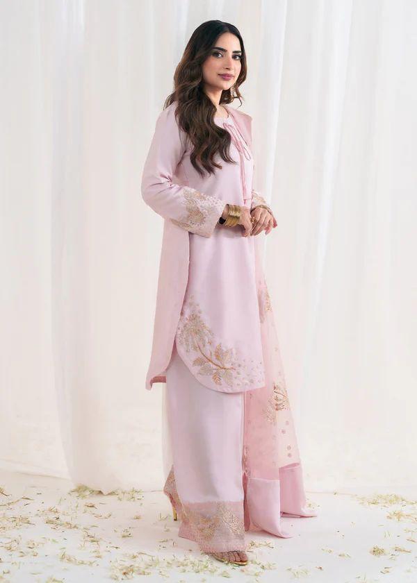 Light Pink Designer Natural Crepe Silk Sequin Embroidered Suit Set with Organza Dupatta