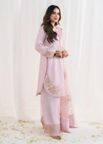 Light Pink Designer Natural Crepe Silk Sequin Embroidered Suit Set with Organza Dupatta