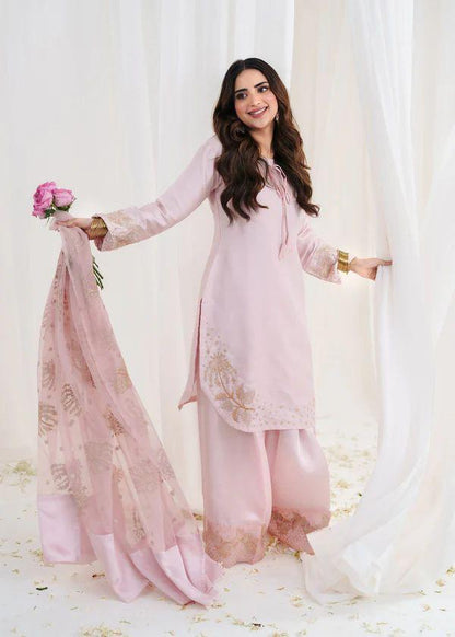 Light Pink Designer Natural Crepe Silk Sequin Embroidered Suit Set with Organza Dupatta