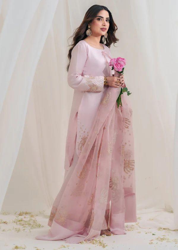 Light Pink Designer Natural Crepe Silk Sequin Embroidered Suit Set with Organza Dupatta