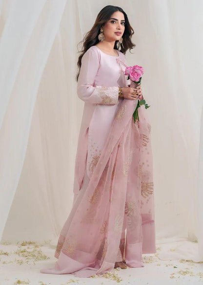 Light Pink Designer Natural Crepe Silk Sequin Embroidered Suit Set with Organza Dupatta