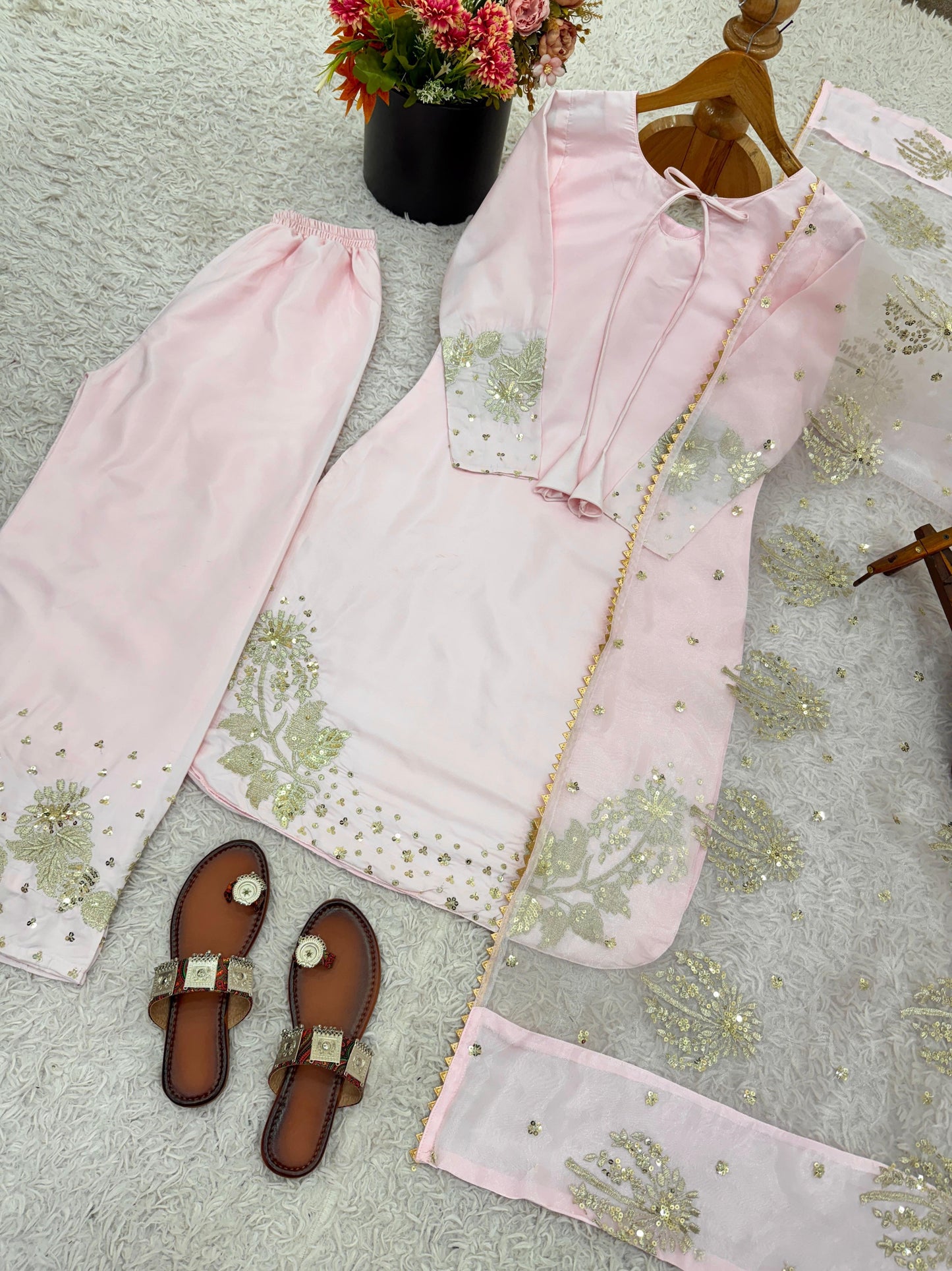 Light Pink Designer Natural Crepe Silk Sequin Embroidered Suit Set with Organza Dupatta