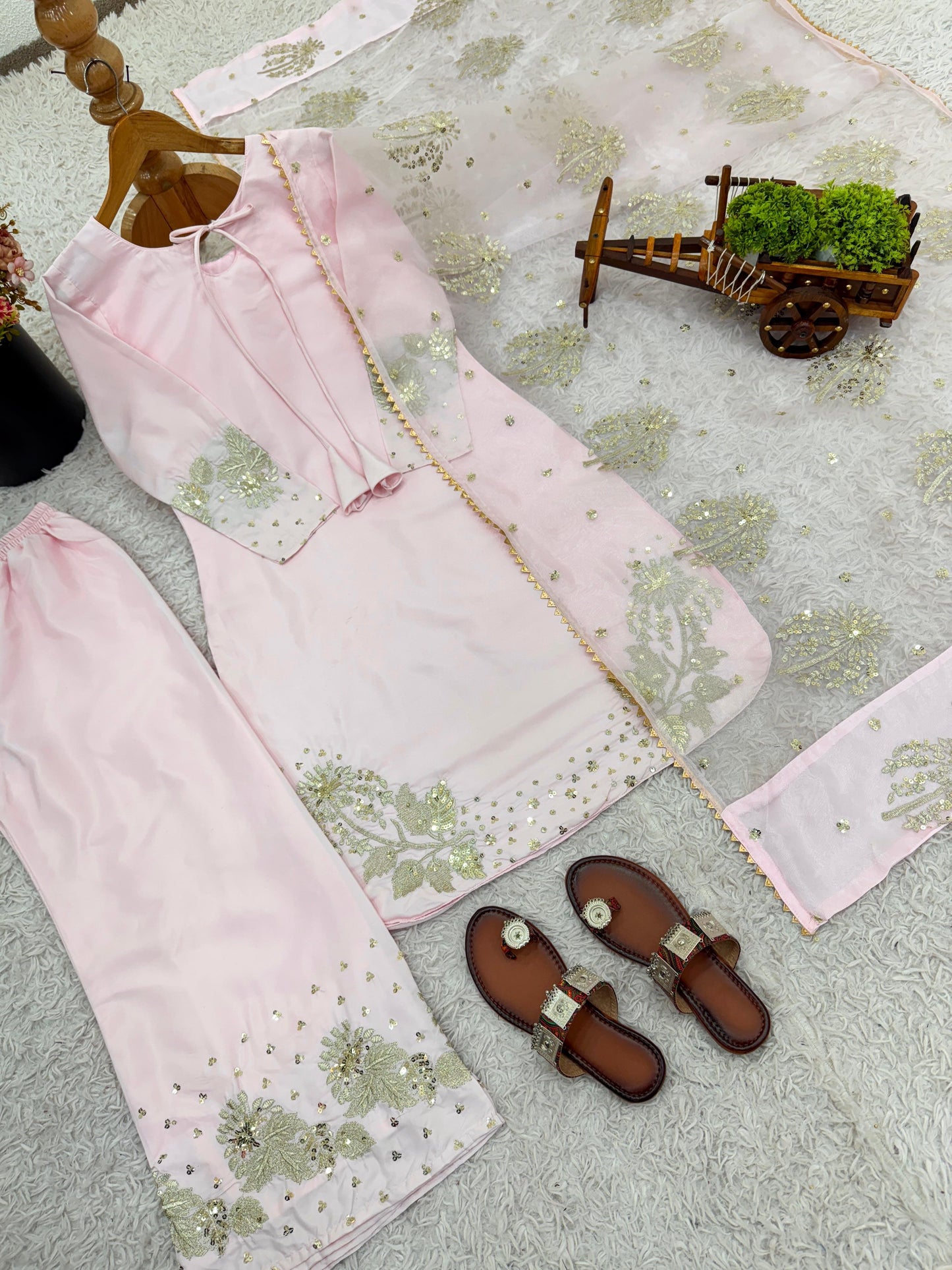 Light Pink Designer Natural Crepe Silk Sequin Embroidered Suit Set with Organza Dupatta