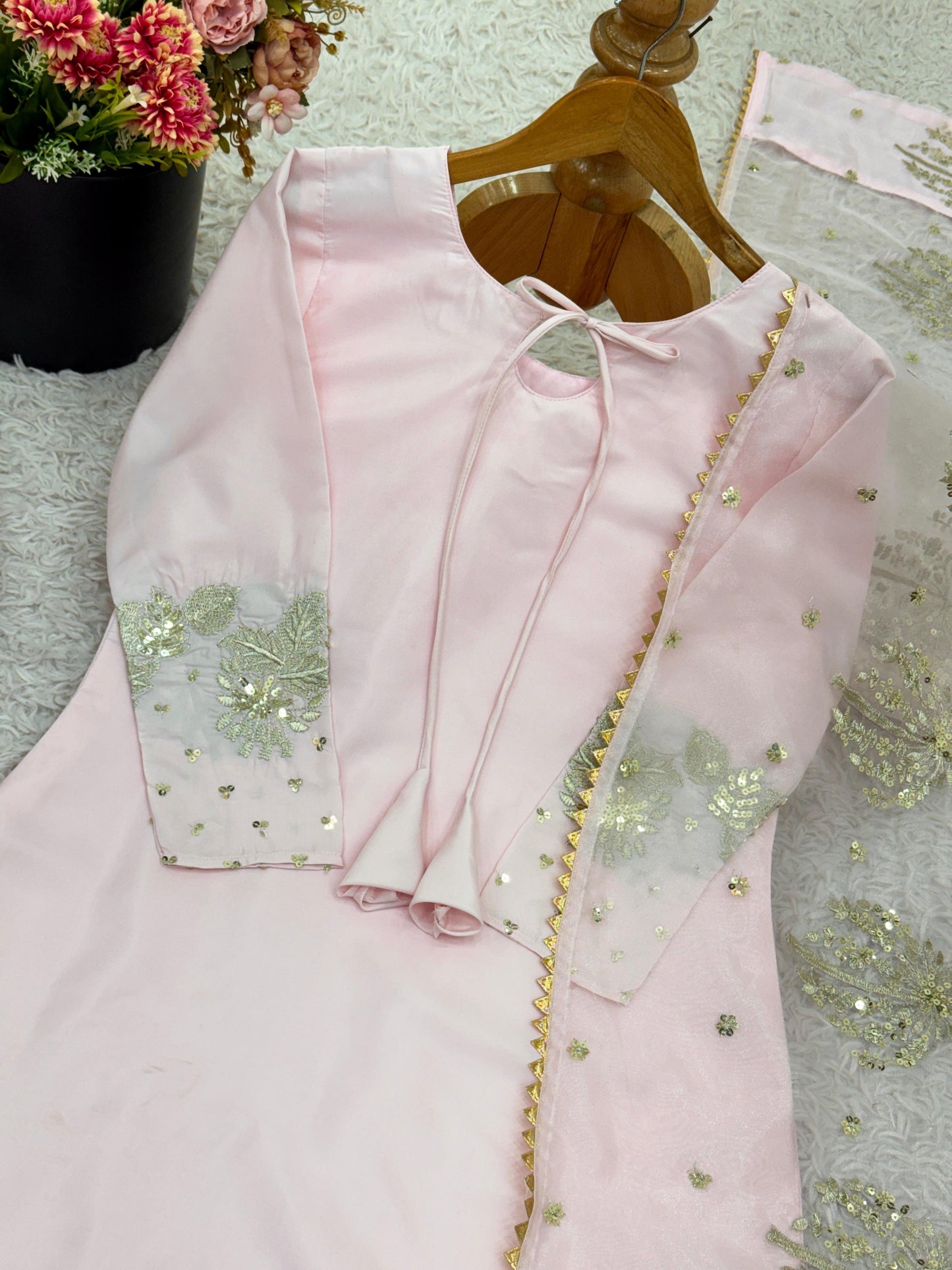 Light Pink Designer Natural Crepe Silk Sequin Embroidered Suit Set with Organza Dupatta