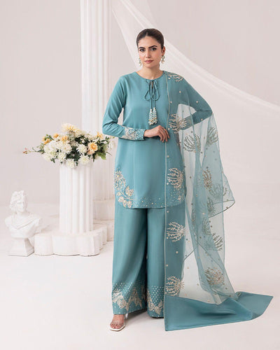 Blue Designer Natural Crepe Silk Sequin Embroidered Suit Set with Organza Dupatta