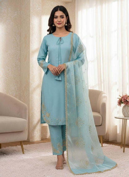 Blue Designer Natural Crepe Silk Sequin Embroidered Suit Set with Organza Dupatta