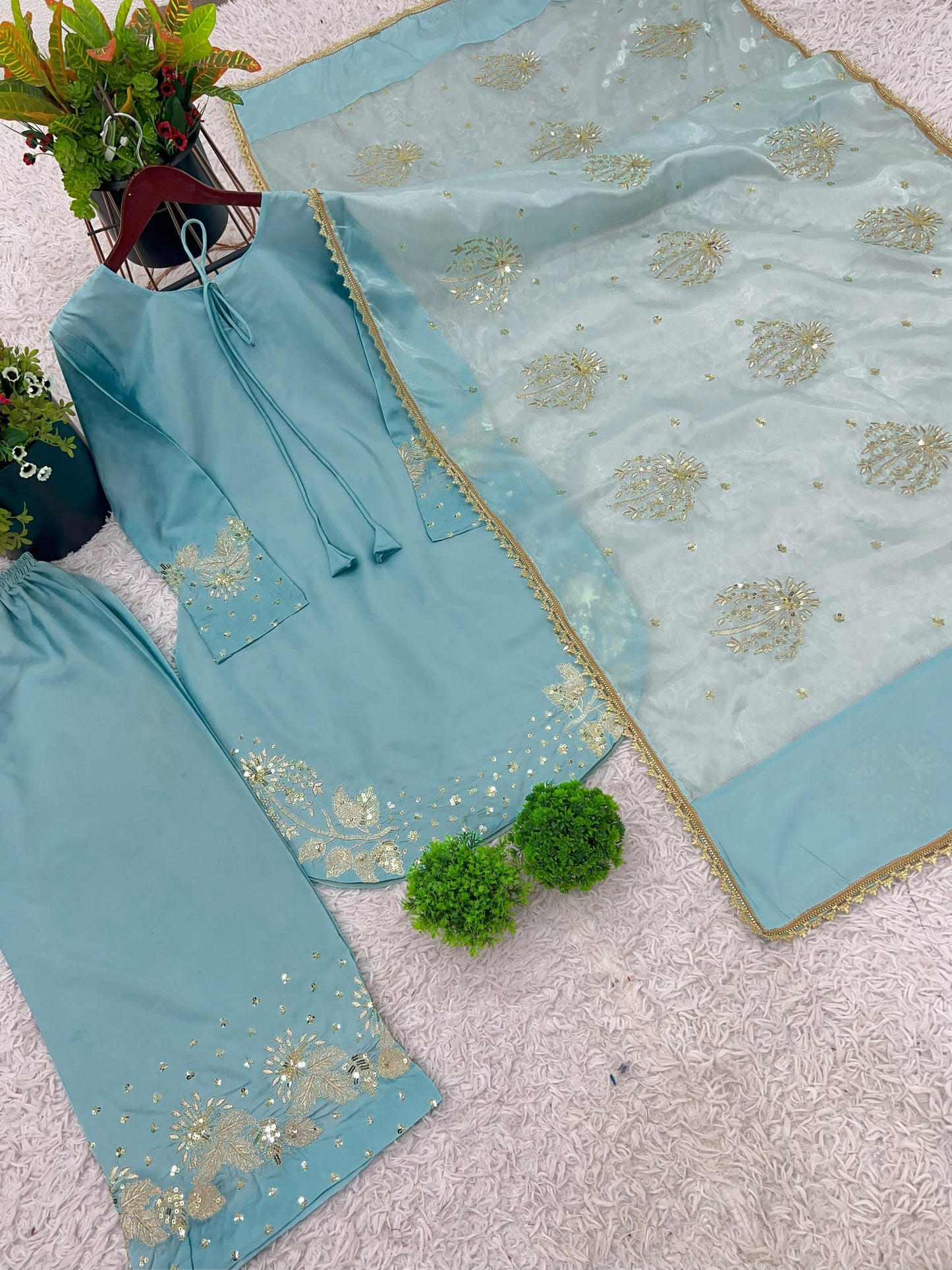 Blue Designer Natural Crepe Silk Sequin Embroidered Suit Set with Organza Dupatta