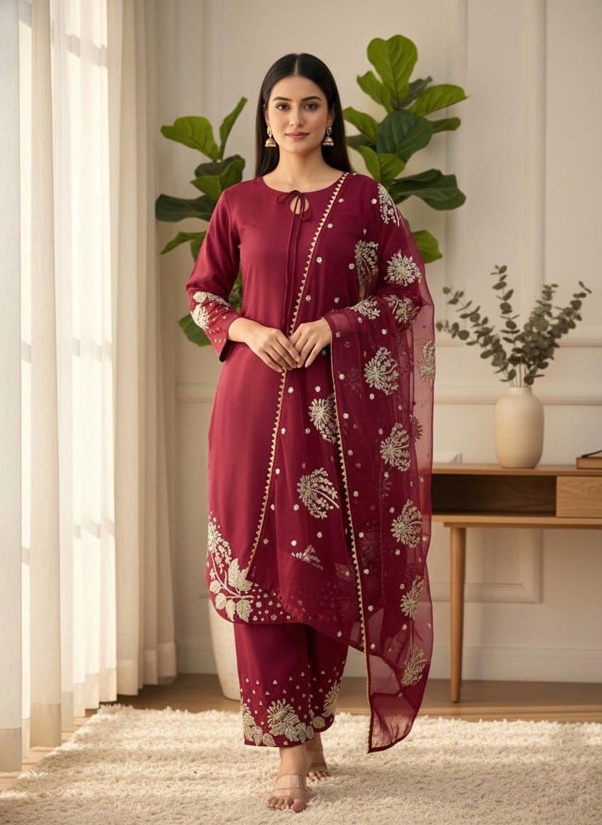 Maroon Designer Natural Crepe Silk Sequin Embroidered Suit Set with Organza Dupatta