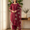 Maroon Designer Natural Crepe Silk Sequin Embroidered Suit Set with Organza Dupatta