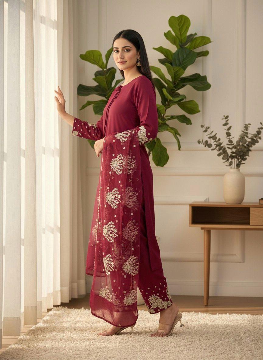Maroon Designer Natural Crepe Silk Sequin Embroidered Suit Set with Organza Dupatta