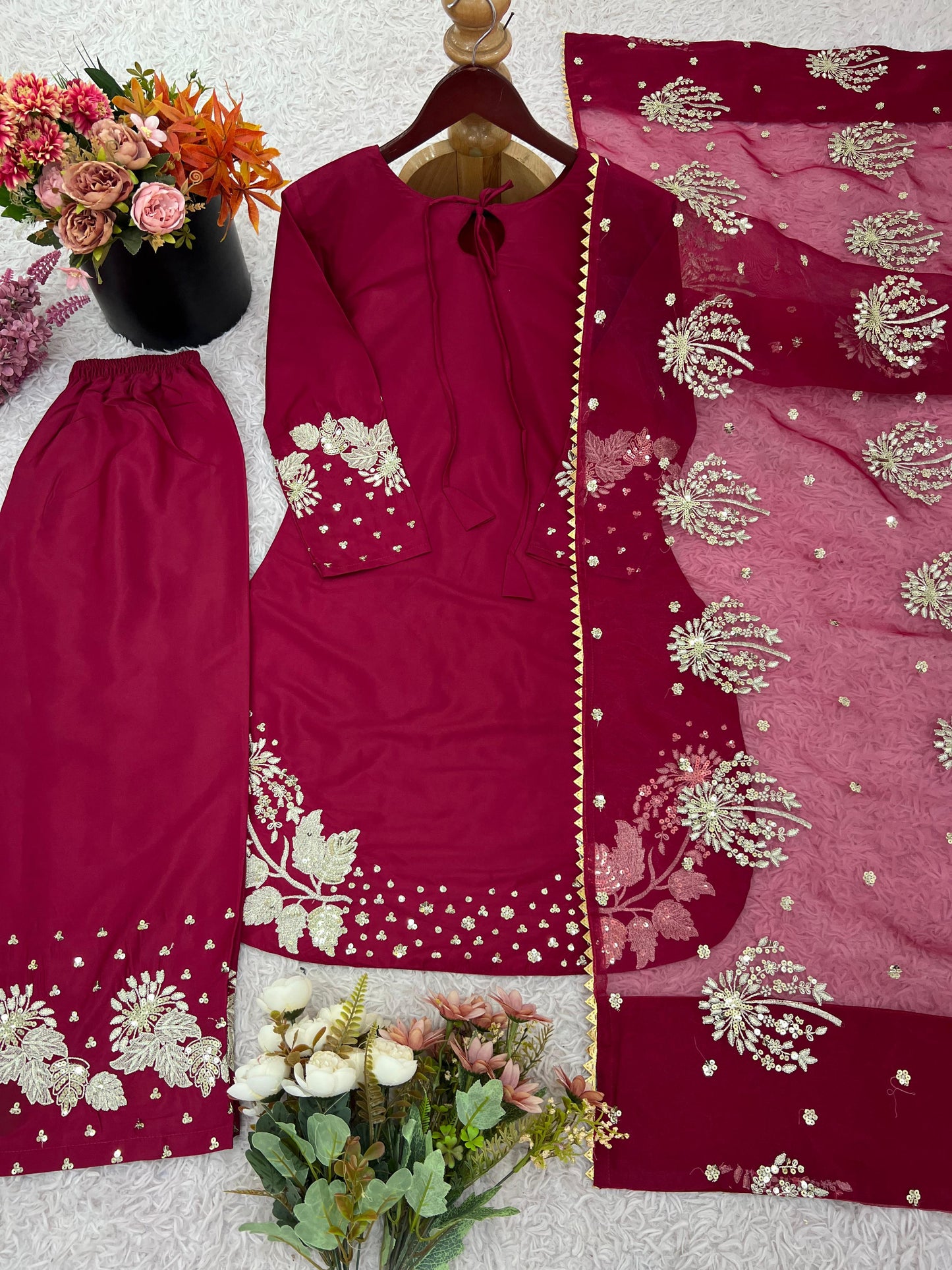 Maroon Designer Natural Crepe Silk Sequin Embroidered Suit Set with Organza Dupatta