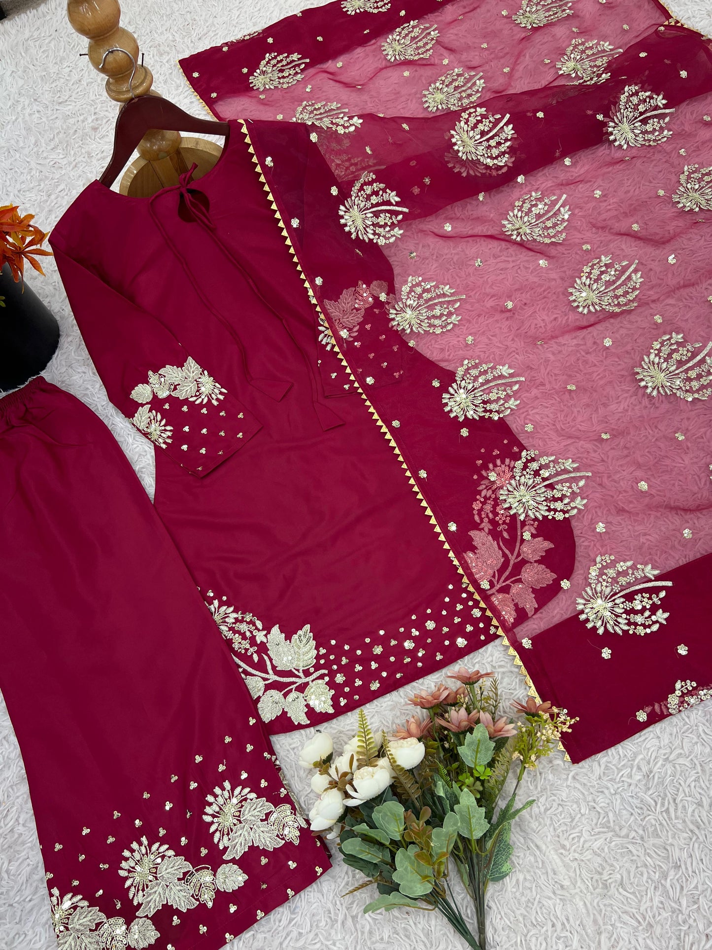 Maroon Designer Natural Crepe Silk Sequin Embroidered Suit Set with Organza Dupatta