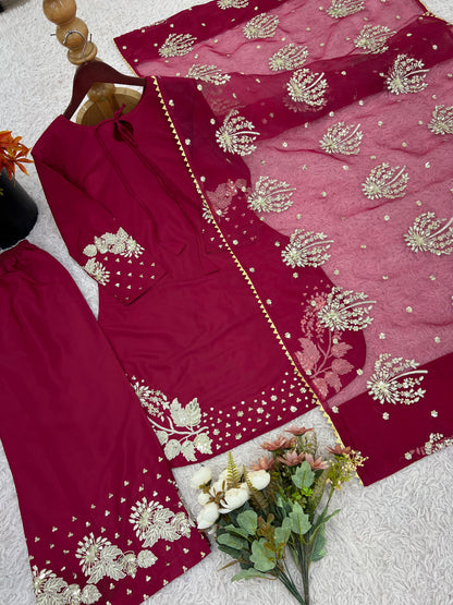 Maroon Designer Natural Crepe Silk Sequin Embroidered Suit Set with Organza Dupatta