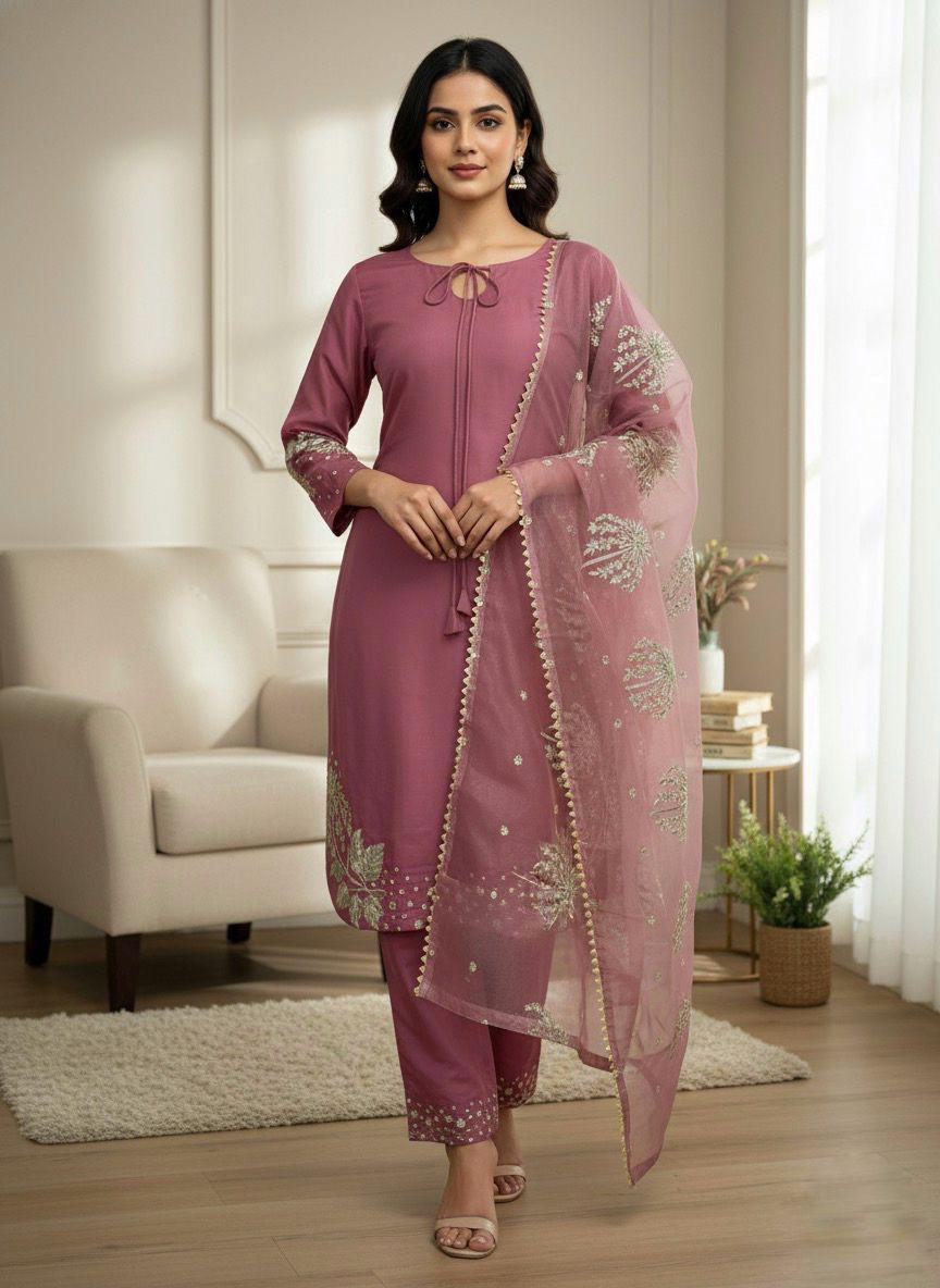 Dusty Pink Designer Natural Crepe Silk Sequin Embroidered Suit Set with Organza Dupatta