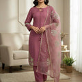 Dusty Pink Designer Natural Crepe Silk Sequin Embroidered Suit Set with Organza Dupatta