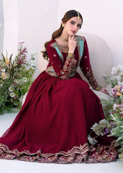 Maroon Designer Georgette Sequin Embroidered Gown with Dupatta (Double Layer Flair)