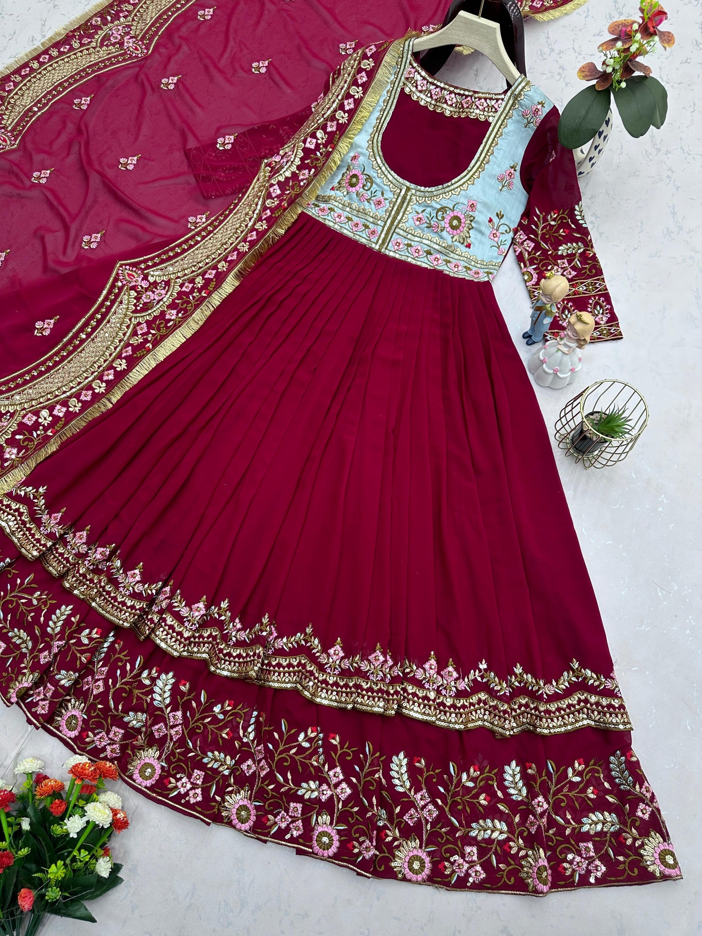 Maroon Designer Georgette Sequin Embroidered Gown with Dupatta (Double Layer Flair)
