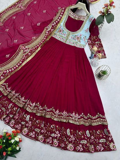 Maroon Designer Georgette Sequin Embroidered Gown with Dupatta (Double Layer Flair)
