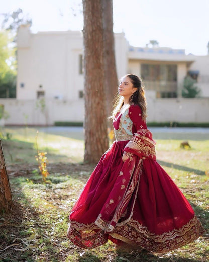 Maroon Designer Georgette Sequin Embroidered Gown with Dupatta (Double Layer Flair)