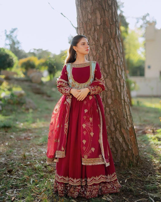 Maroon Designer Georgette Sequin Embroidered Gown with Dupatta (Double Layer Flair)