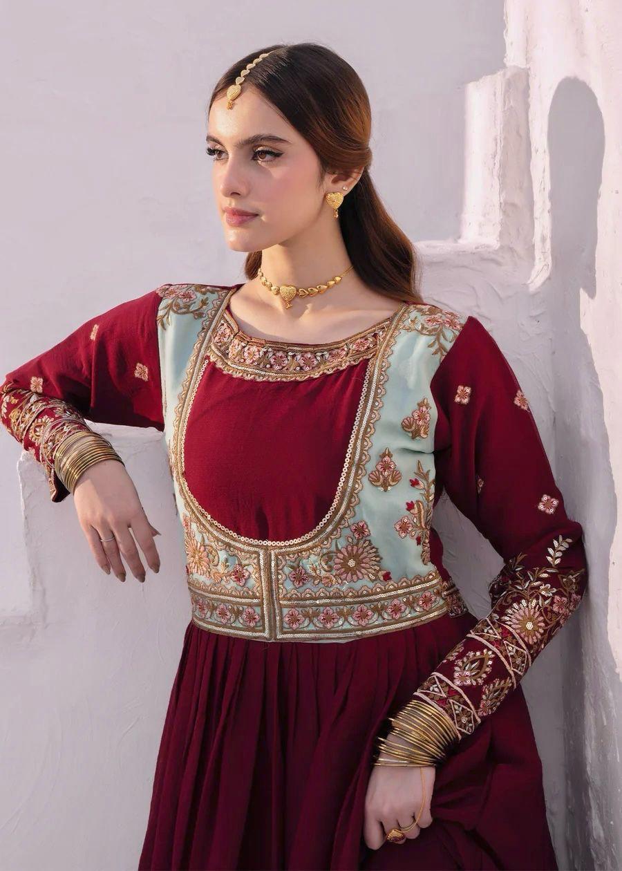 Maroon Designer Georgette Sequin Embroidered Gown with Dupatta (Double Layer Flair)