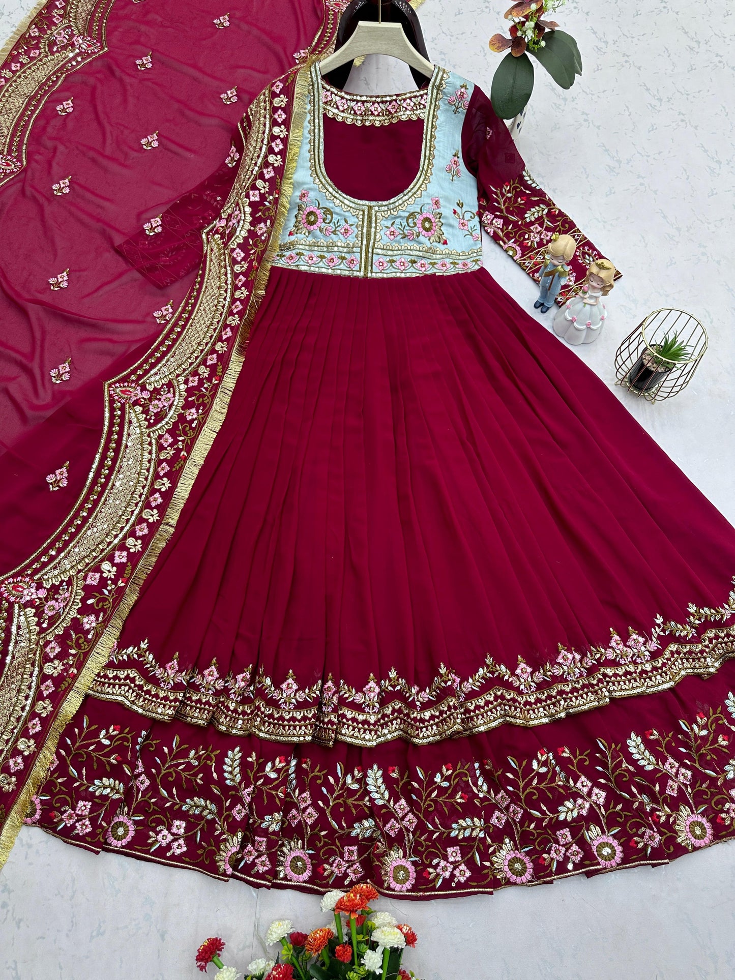 Maroon Designer Georgette Sequin Embroidered Gown with Dupatta (Double Layer Flair)