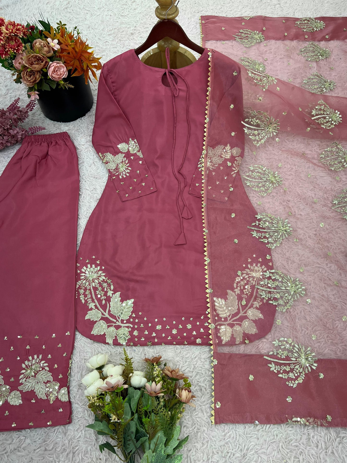 Dusty Pink Designer Natural Crepe Silk Sequin Embroidered Suit Set with Organza Dupatta