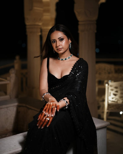 Black Georgette Sequin Embroidery Saree with Mono Silk Blouse