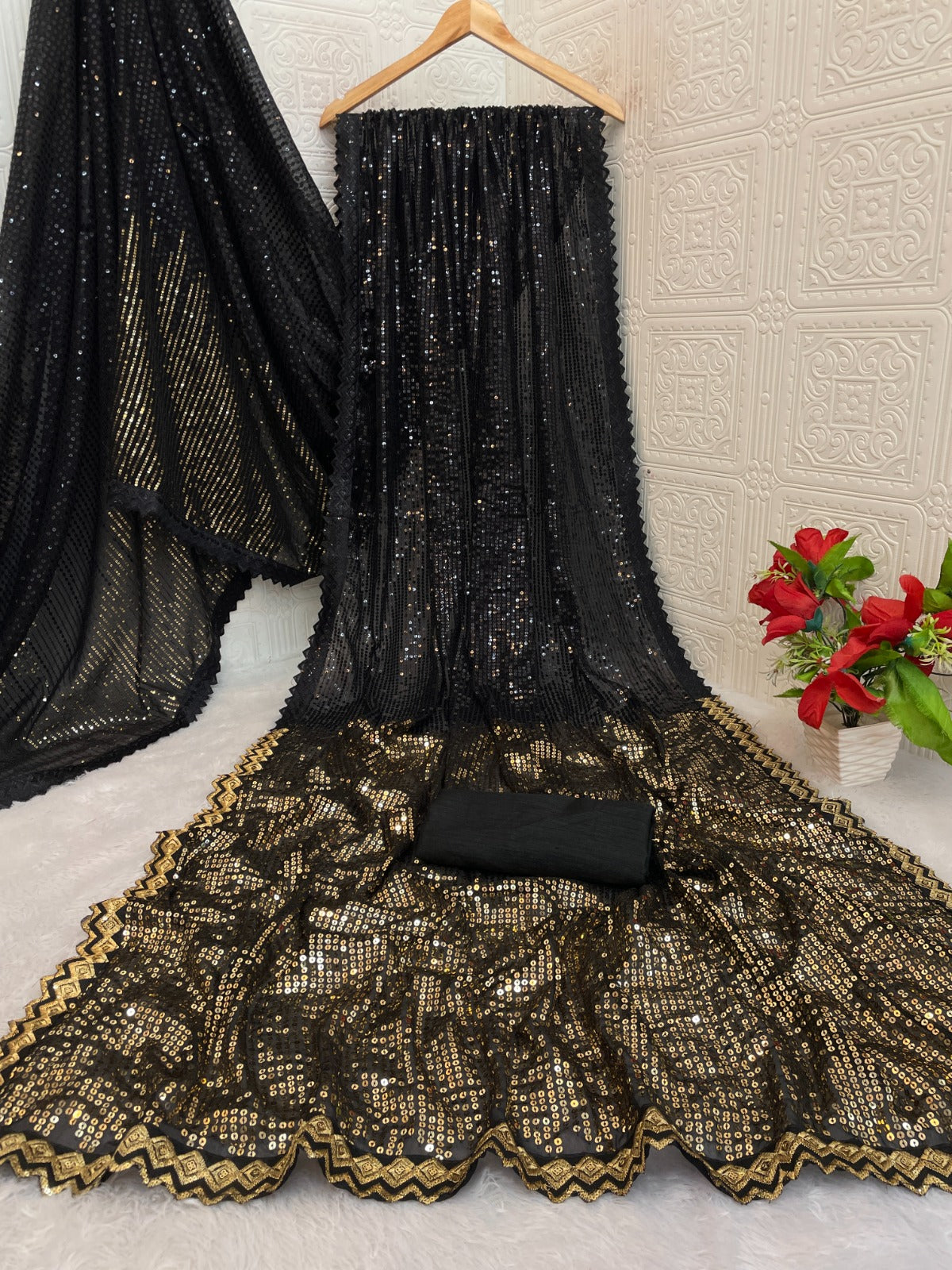 Black Georgette Sequin Embroidery Saree with Mono Silk Blouse