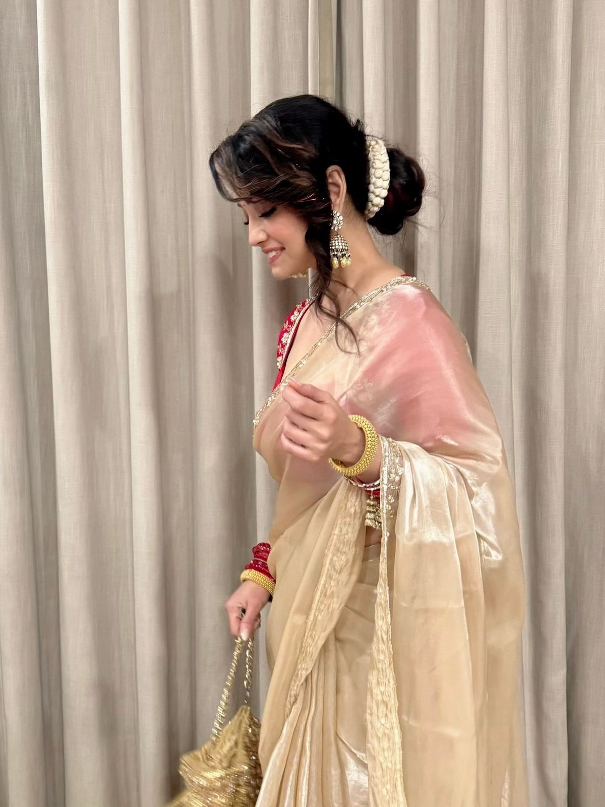 Beige & Red Premium Soft silk Saree with Sequins & cut dana Handwork