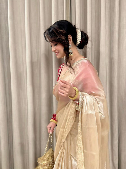 Beige & Red Premium Soft silk Saree with Sequins & cut dana Handwork