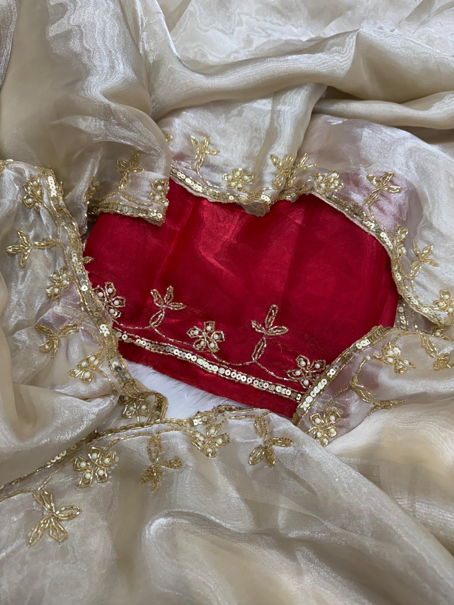 Beige & Red Premium Soft silk Saree with Sequins & cut dana Handwork