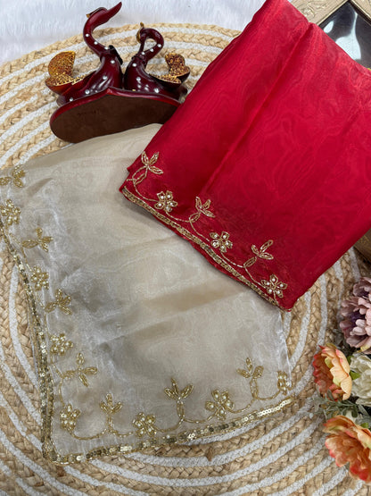 Beige & Red Premium Soft silk Saree with Sequins & cut dana Handwork