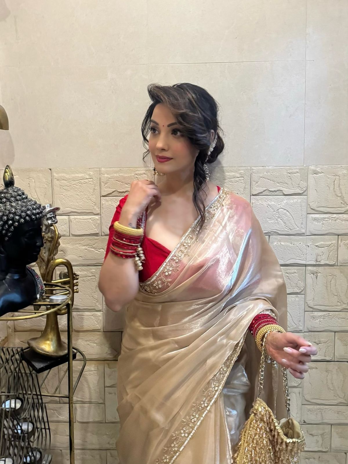 Beige & Red Premium Soft silk Saree with Sequins & cut dana Handwork