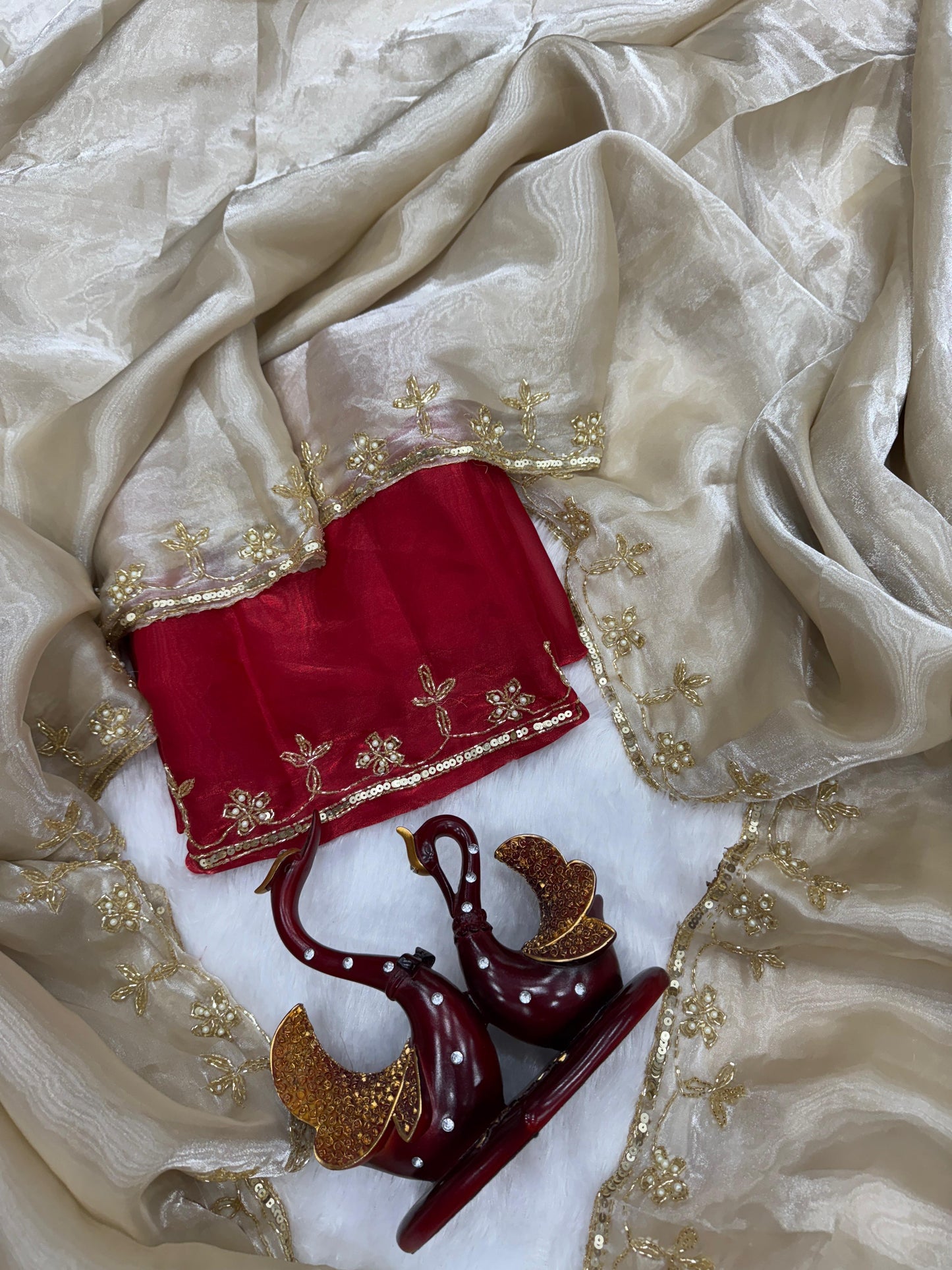 Beige & Red Premium Soft silk Saree with Sequins & cut dana Handwork